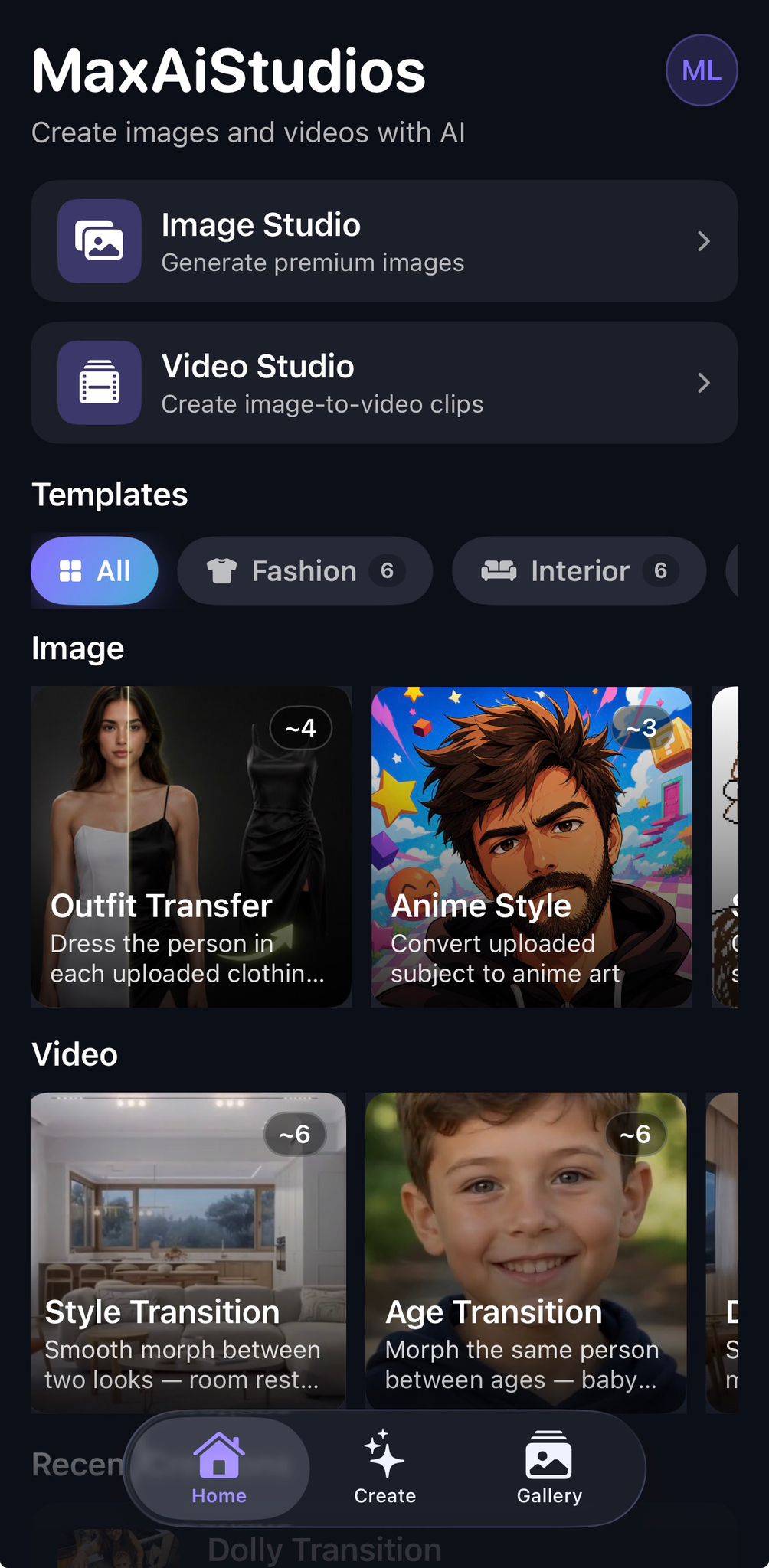 MaxAIStudios iOS home screen with Image Studio, Video Studio, and templates