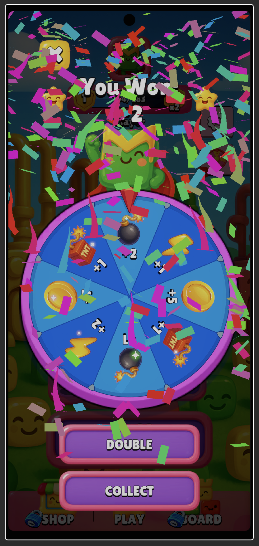 Victory Screen - Confetti celebration and reward wheel